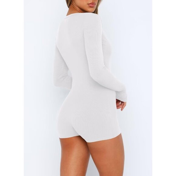 Women's White One Piece Button Down Jumpsuit V Neck Romper Long Sleeve Bodysuit - Picture 4 of 5